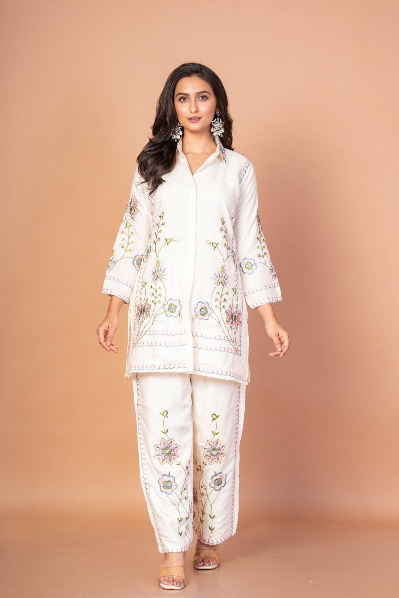 White Co - Ord Set With Floral Thread Embroidered Work - Anvi Couture