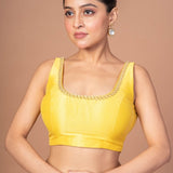 Yellow Raw Silk Cutdana Embroidered U Neck Sleeveless Blouse - Anvi Couture