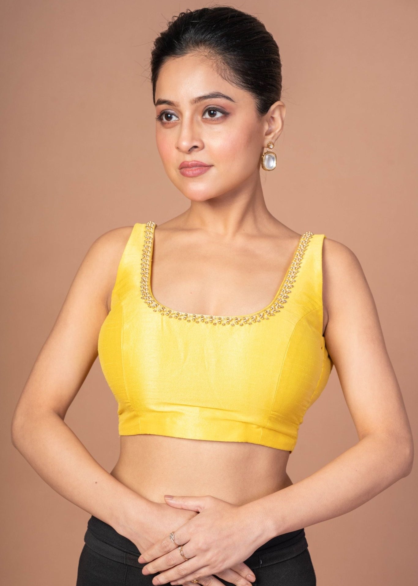 Yellow Raw Silk Cutdana Embroidered U Neck Sleeveless Blouse - Anvi Couture