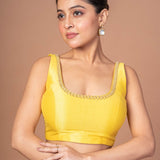 Yellow Raw Silk Cutdana Embroidered U Neck Sleeveless Blouse - Anvi Couture