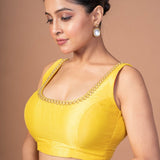 Yellow Raw Silk Cutdana Embroidered U Neck Sleeveless Blouse - Anvi Couture
