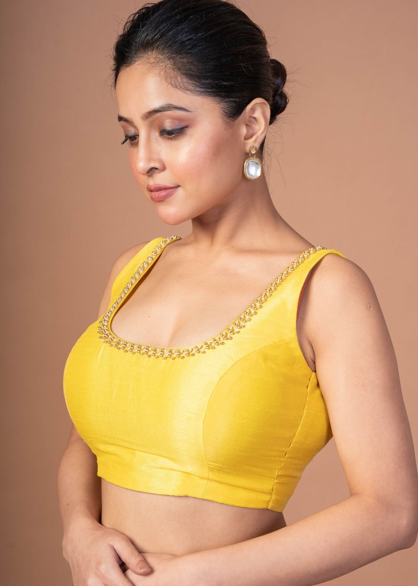 Yellow Raw Silk Cutdana Embroidered U Neck Sleeveless Blouse - Anvi Couture
