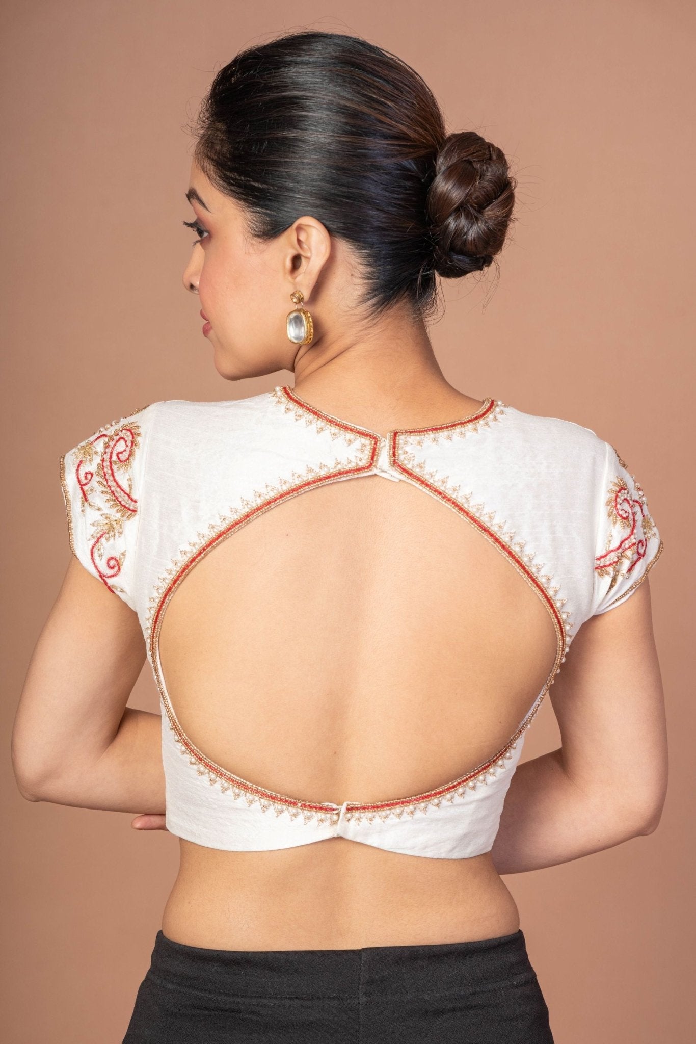 White Raw Silk Blouse with Red and Gold Hand Embroidered Work - Anvi Couture