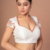 White Raw Silk Blouse with Red and Gold Hand Embroidered Work - Anvi Couture