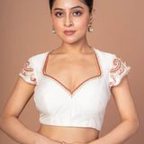 White Raw Silk Blouse with Red and Gold Hand Embroidered Work - Anvi Couture