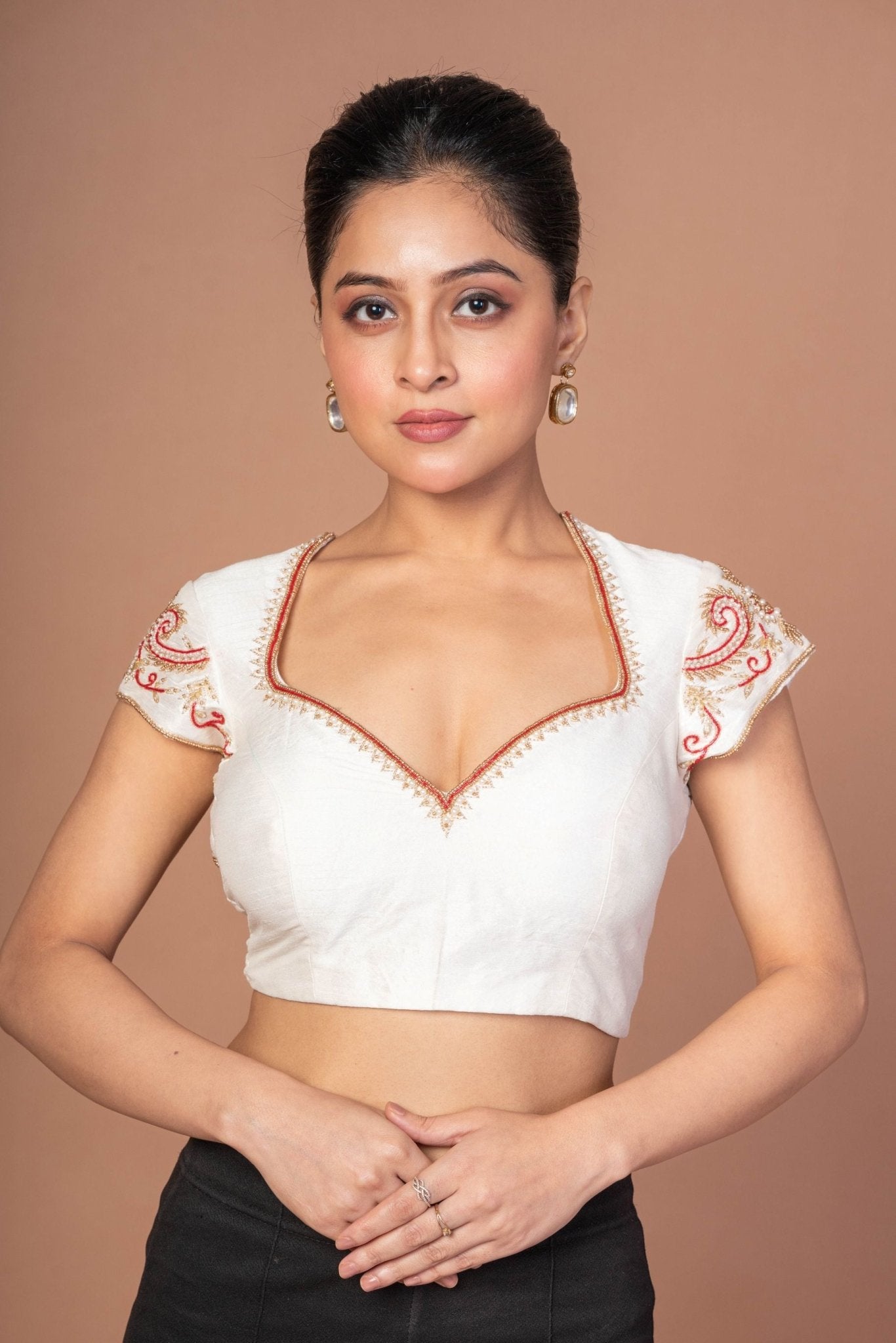 White Raw Silk Blouse with Red and Gold Hand Embroidered Work - Anvi Couture