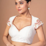 White Raw Silk Blouse with Red and Gold Hand Embroidered Work - Anvi Couture