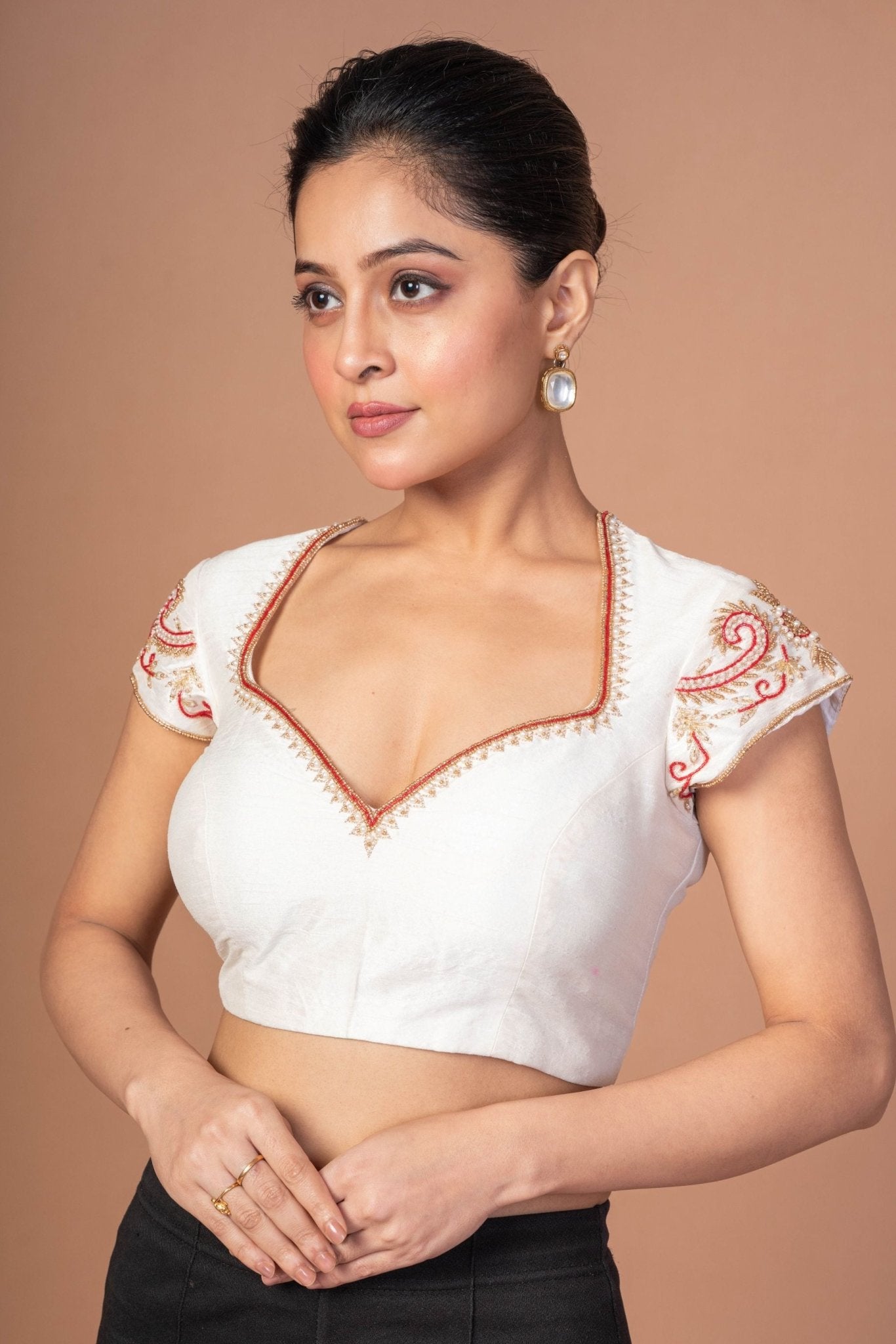 White Raw Silk Blouse with Red and Gold Hand Embroidered Work - Anvi Couture
