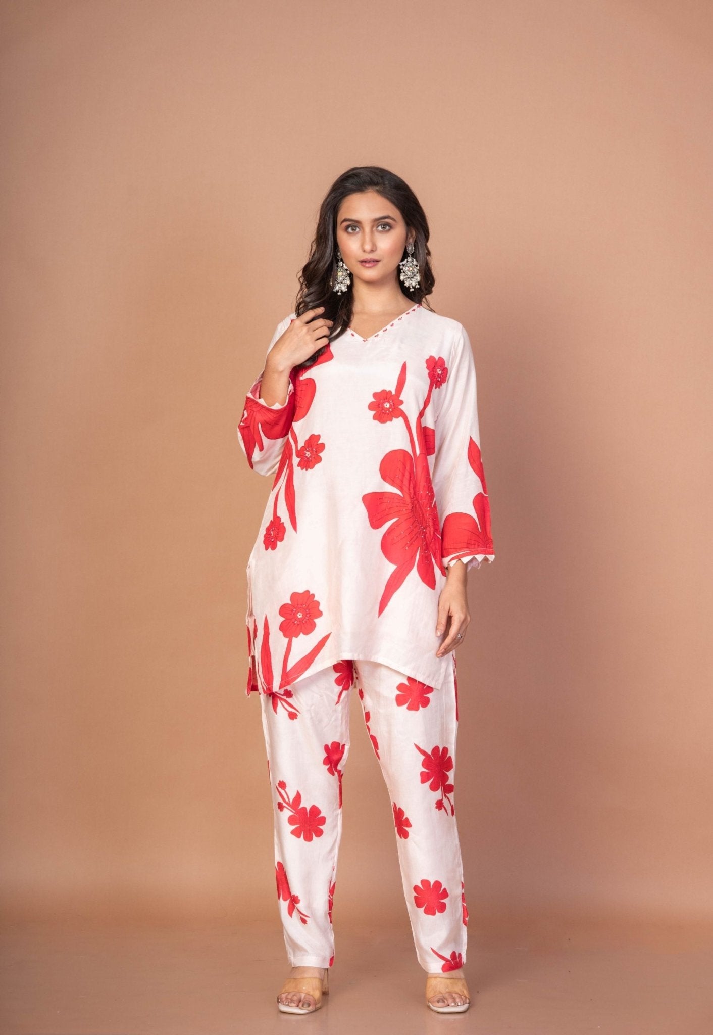 White Co - ord set with Red Floral Print - Anvi Couture