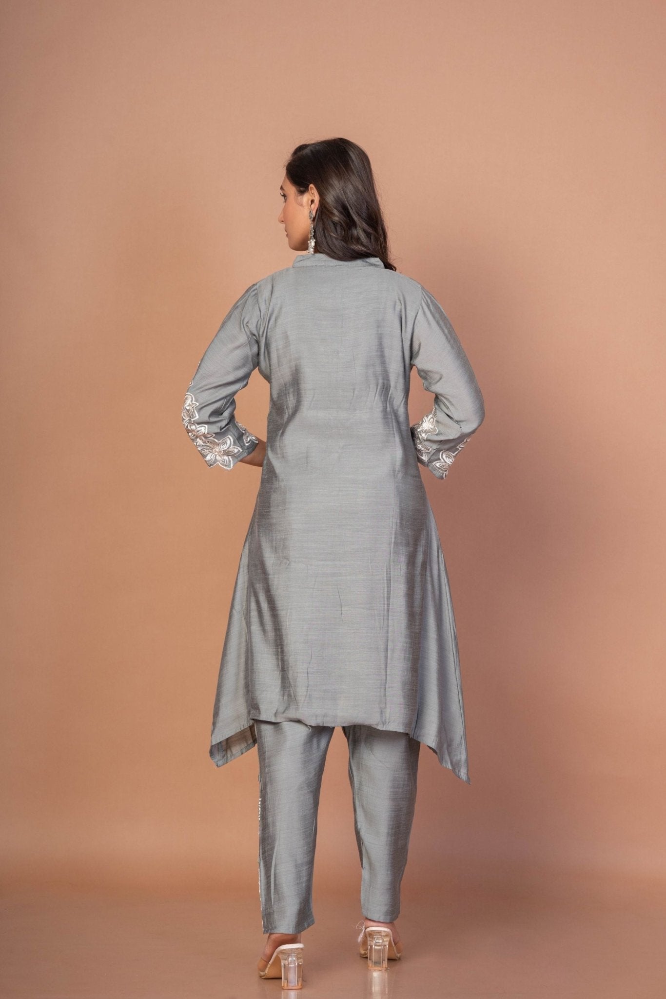 Grey Silk Co - ord Set with Embroidered Work - Anvi Couture