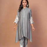 Grey Silk Co - ord Set with Embroidered Work - Anvi Couture