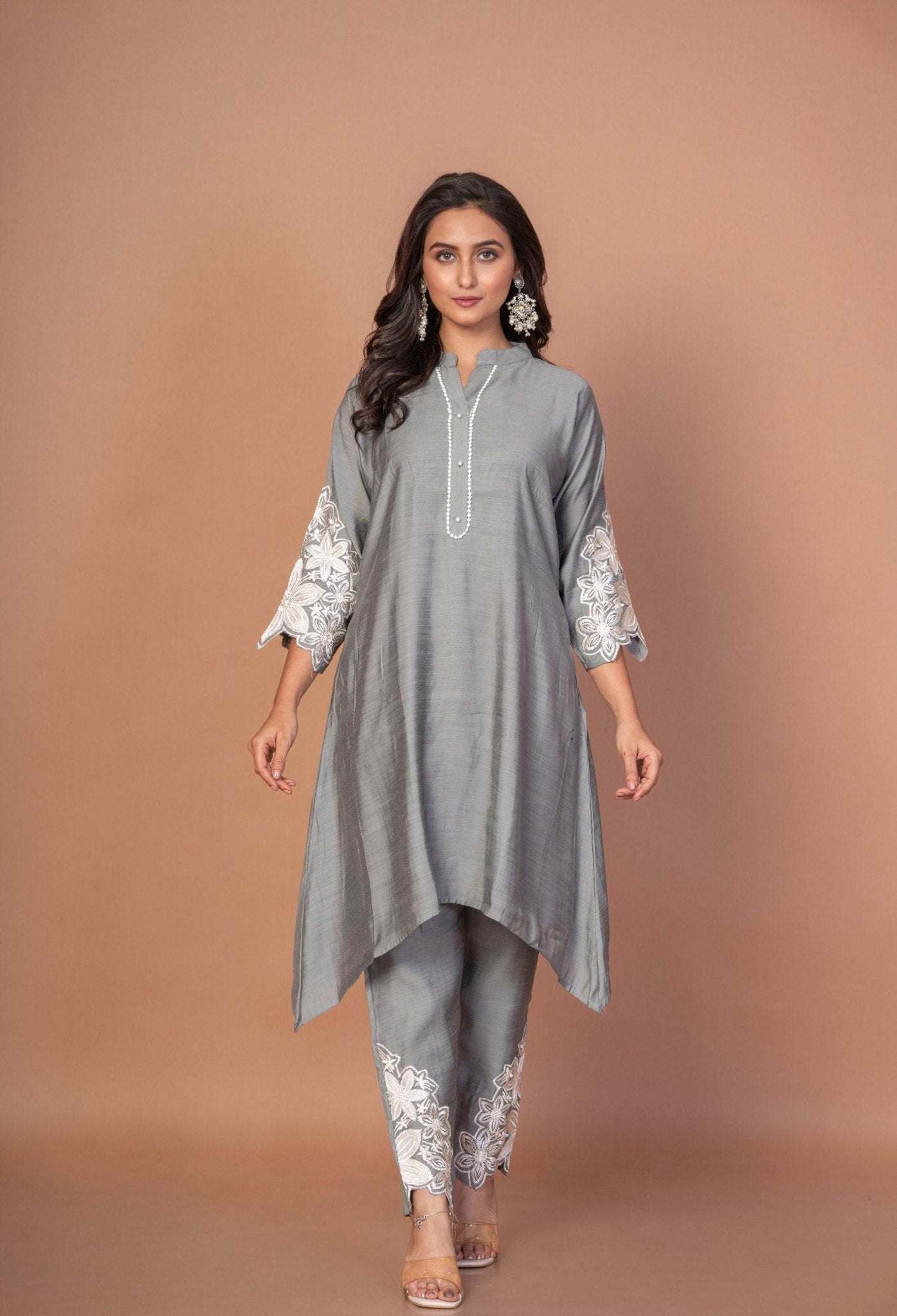 Grey Silk Co - ord Set with Embroidered Work - Anvi Couture