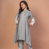 Grey Silk Co - ord Set with Embroidered Work - Anvi Couture