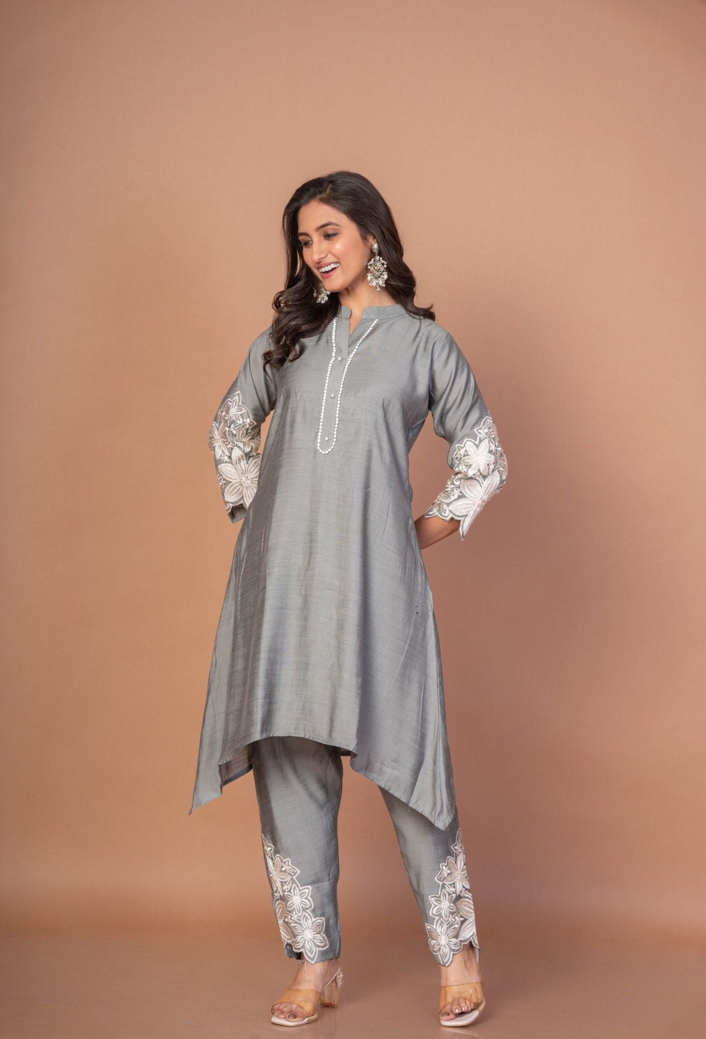 Grey Silk Co - ord Set with Embroidered Work - Anvi Couture