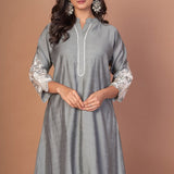Grey Silk Co - ord Set with Embroidered Work - Anvi Couture