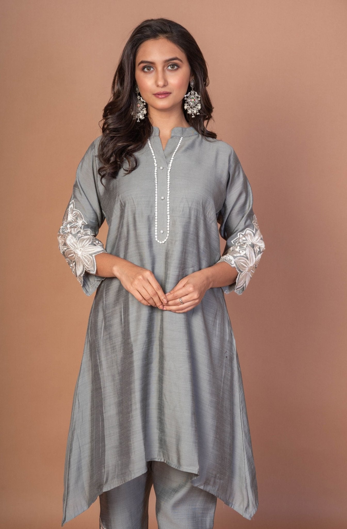 Grey Silk Co - ord Set with Embroidered Work - Anvi Couture
