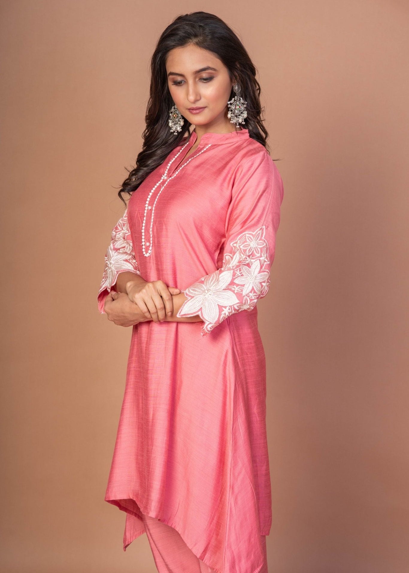 Pink Silk Co - ord Set with Embroidered Work - Anvi Couture