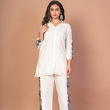 White Co - ordset with Black Thread Embroidered Work - Anvi Couture