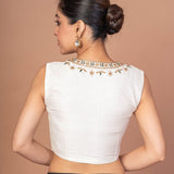 White Raw Silk U Neckline Blouse With Hand Embroidered Work - Anvi Couture