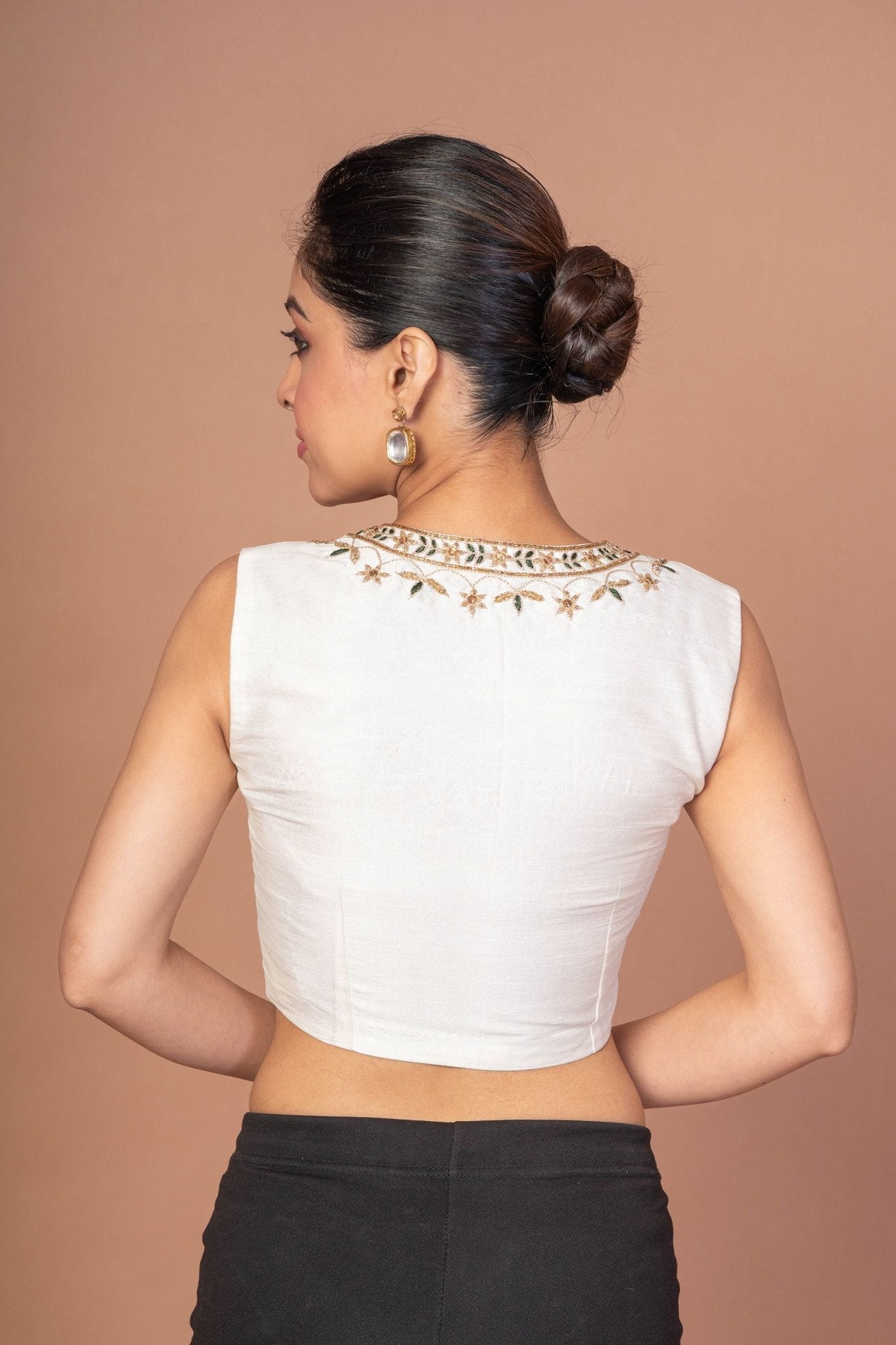 White Raw Silk U Neckline Blouse With Hand Embroidered Work - Anvi Couture