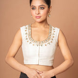 White Raw Silk U Neckline Blouse With Hand Embroidered Work - Anvi Couture