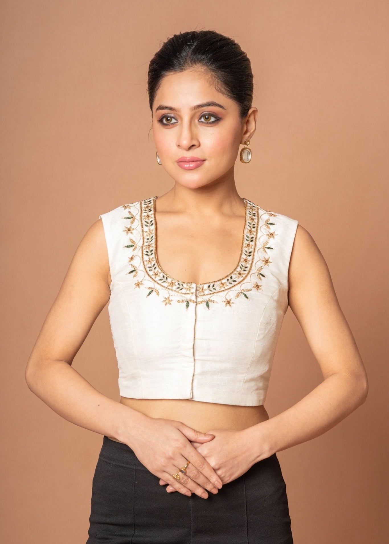 White Raw Silk U Neckline Blouse With Hand Embroidered Work - Anvi Couture