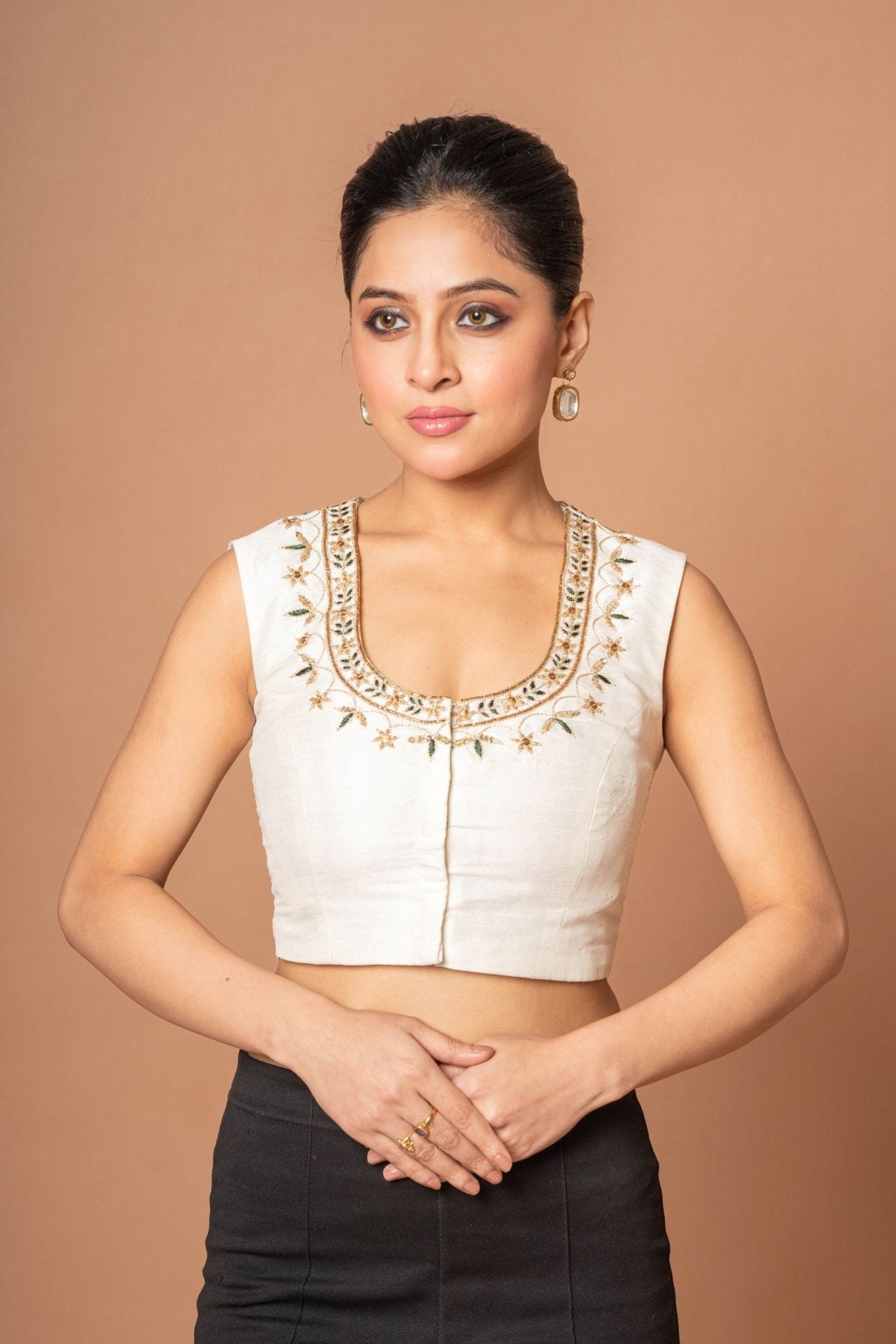White Raw Silk U Neckline Blouse With Hand Embroidered Work - Anvi Couture