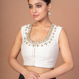 White Raw Silk U Neckline Blouse With Hand Embroidered Work - Anvi Couture