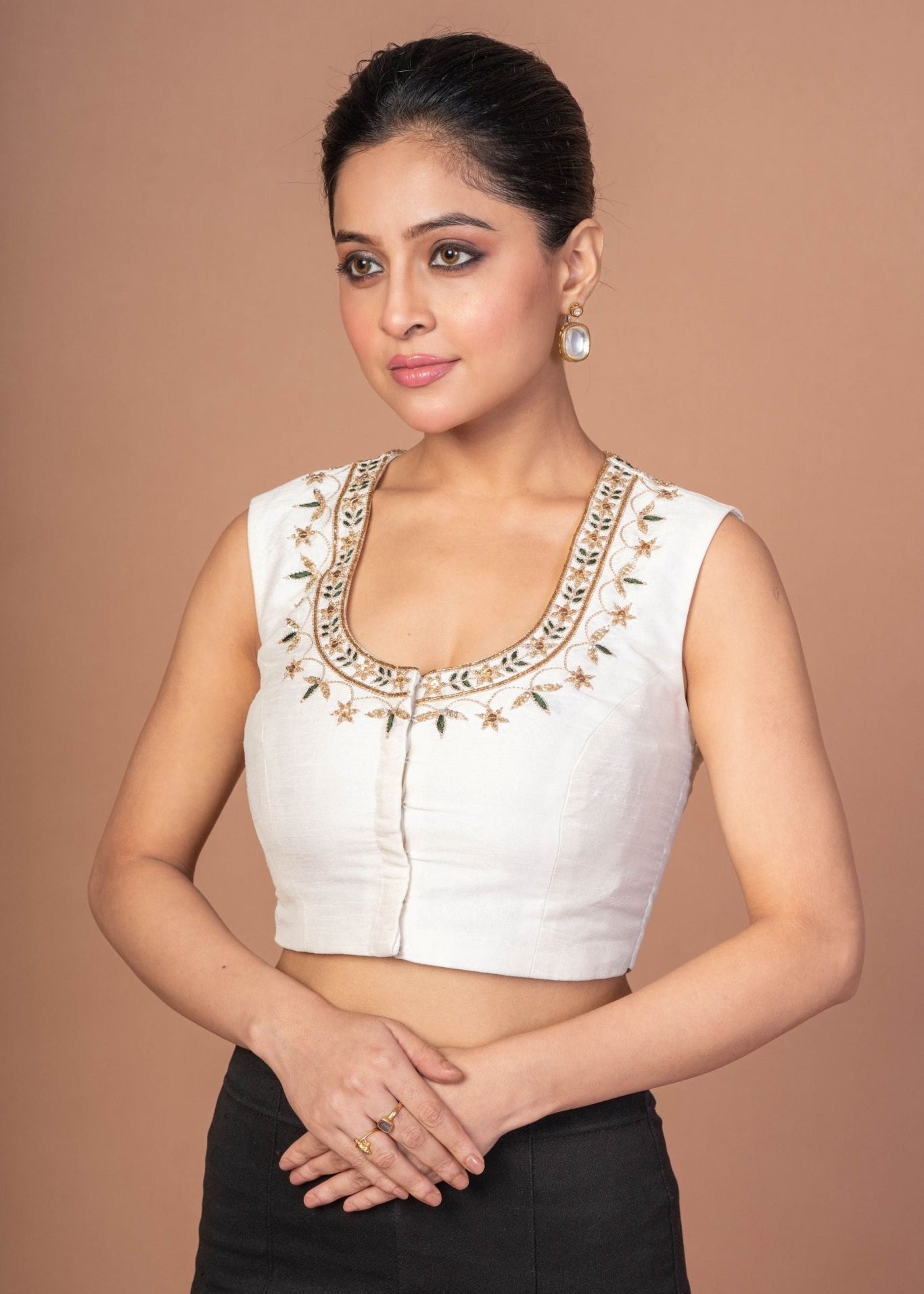 White Raw Silk U Neckline Blouse With Hand Embroidered Work - Anvi Couture
