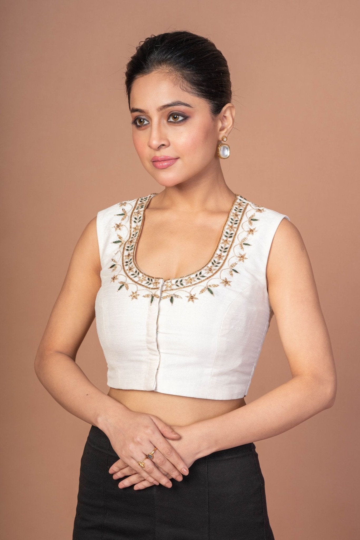 White Raw Silk U Neckline Blouse With Hand Embroidered Work - Anvi Couture