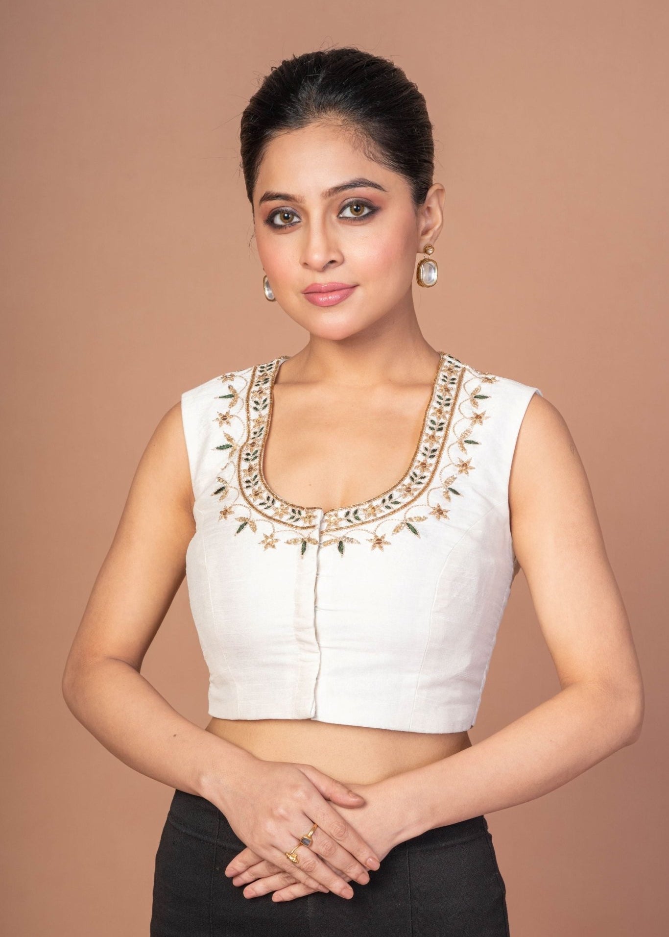 White Raw Silk U Neckline Blouse With Hand Embroidered Work - Anvi Couture