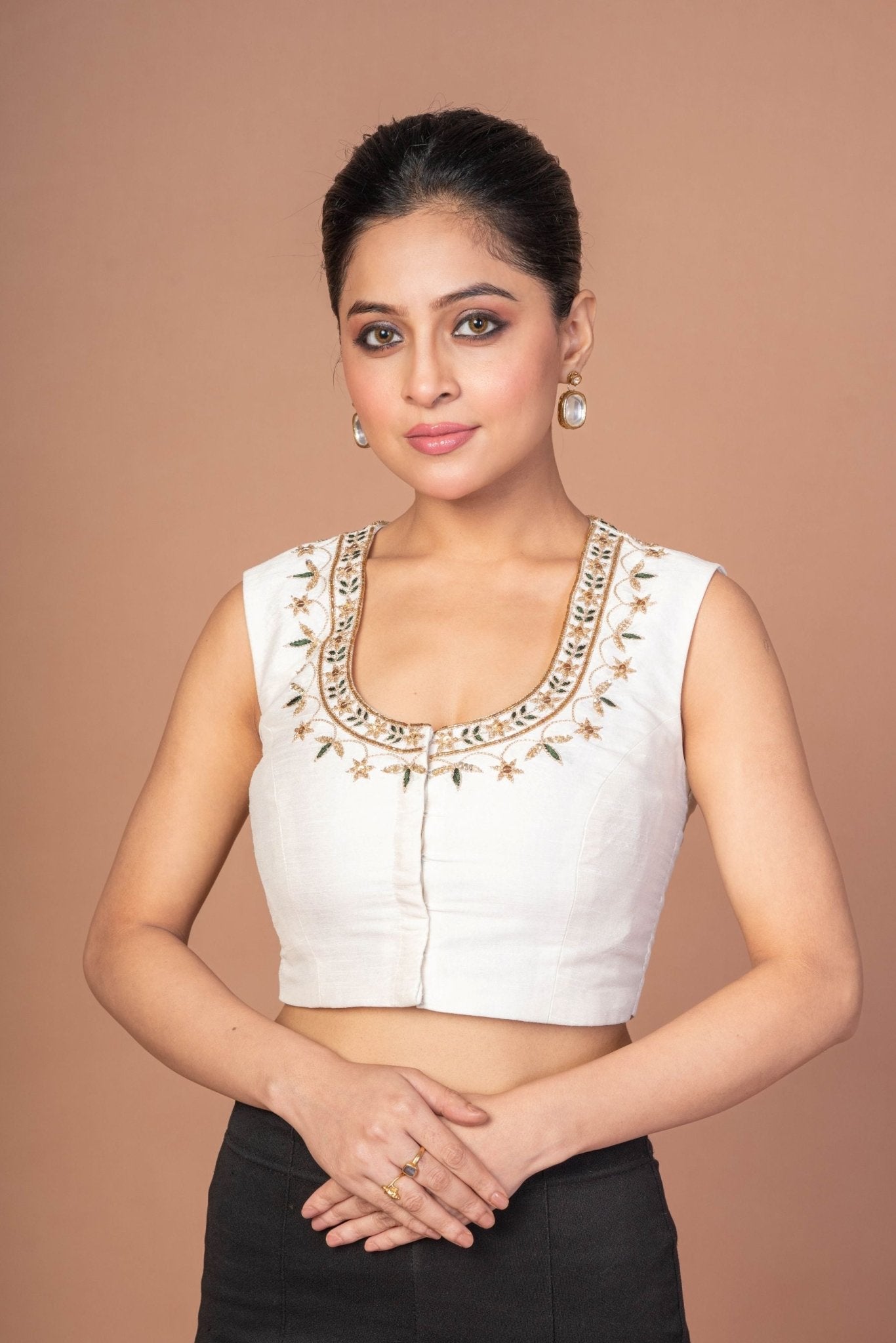 White Raw Silk U Neckline Blouse With Hand Embroidered Work - Anvi Couture