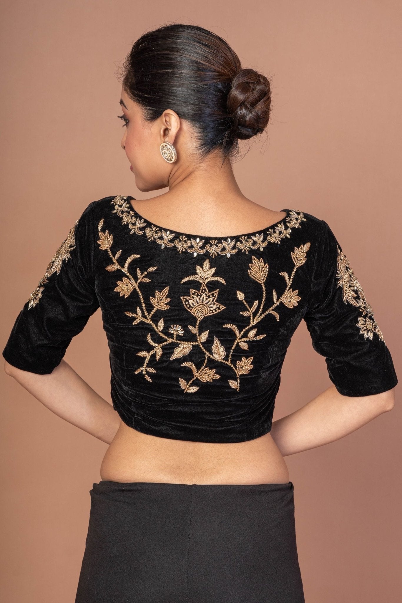 Black Velvet Hand Embroidered Work Blouse - Anvi Couture