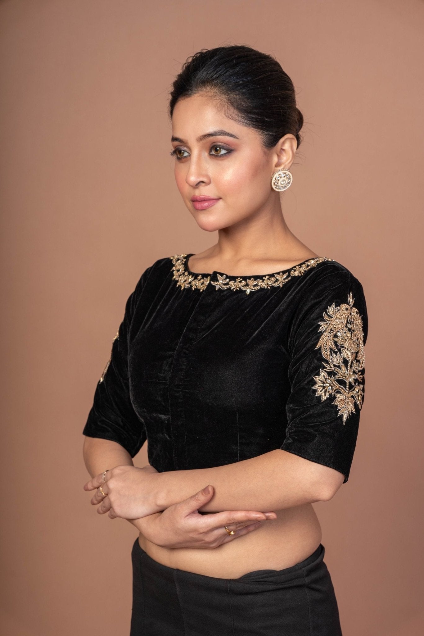 Black Velvet Hand Embroidered Work Blouse - Anvi Couture
