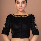 Black Velvet Hand Embroidered Work Blouse - Anvi Couture