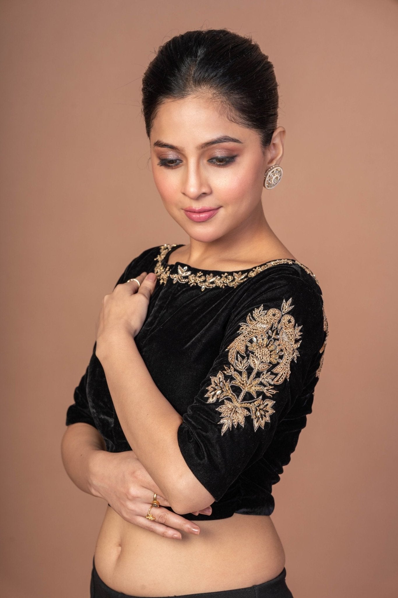 Black Velvet Hand Embroidered Work Blouse - Anvi Couture