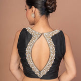 Black Raw Silk Blouse With Pearl Embroidered Work With Matka Neckline - Anvi Couture