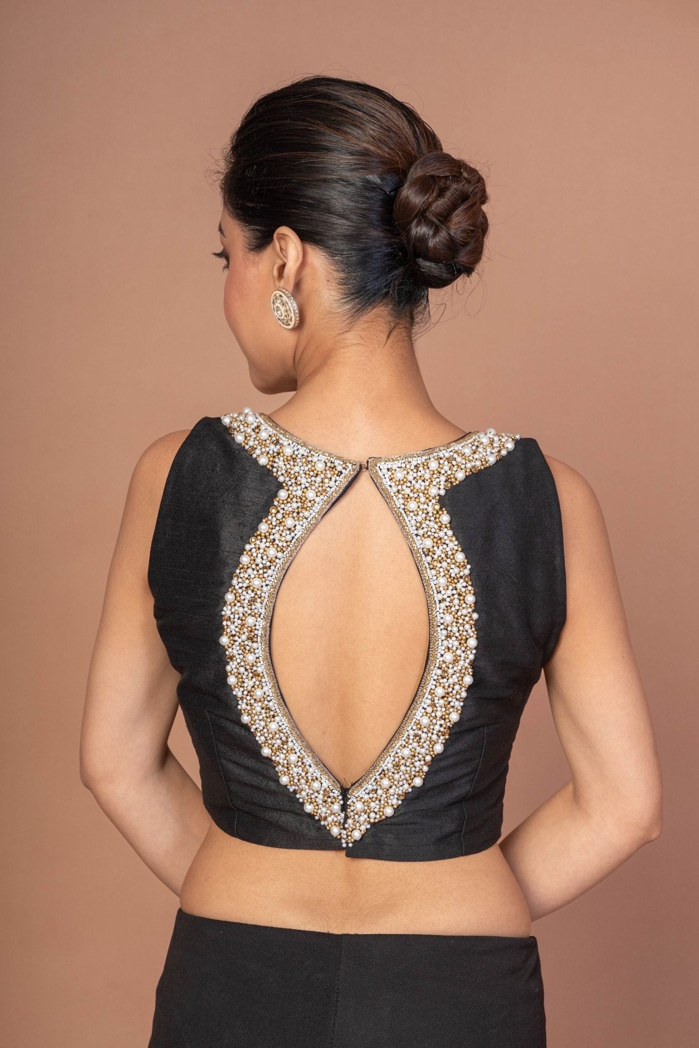 Black Raw Silk Blouse With Pearl Embroidered Work With Matka Neckline - Anvi Couture