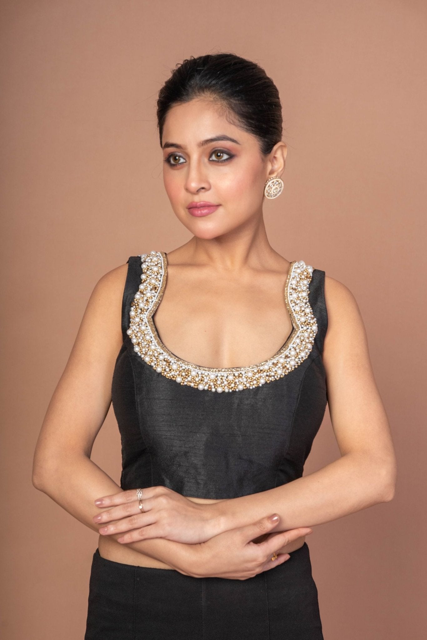 Black Raw Silk Blouse With Pearl Embroidered Work With Matka Neckline - Anvi Couture