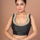 Black Raw Silk Blouse With Pearl Embroidered Work With Matka Neckline - Anvi Couture