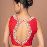 Red Raw Silk Blouse With Pearl Embroidered Work With Matka Neckline - Anvi Couture