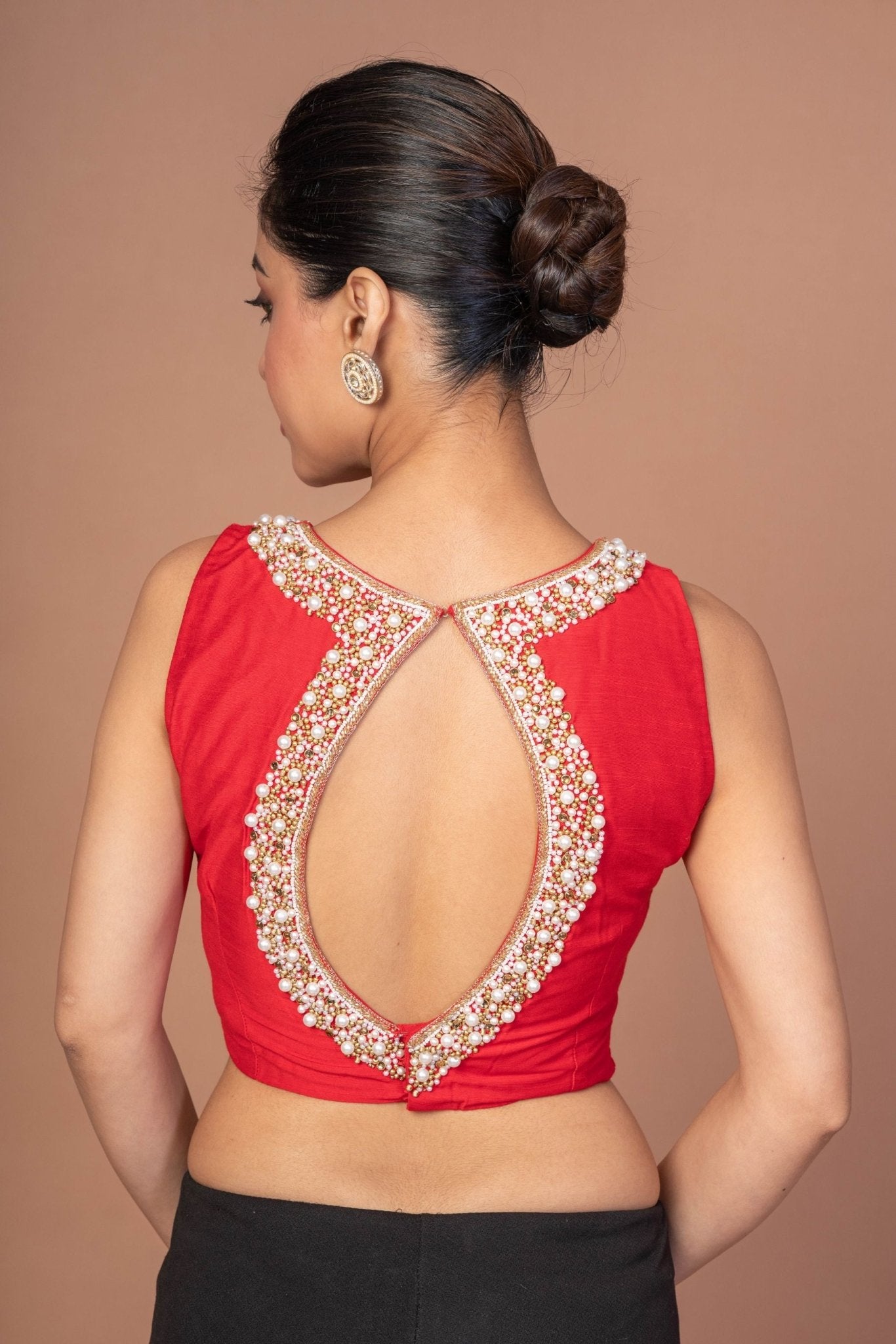 Red Raw Silk Blouse With Pearl Embroidered Work With Matka Neckline - Anvi Couture