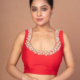 Red Raw Silk Blouse With Pearl Embroidered Work With Matka Neckline - Anvi Couture