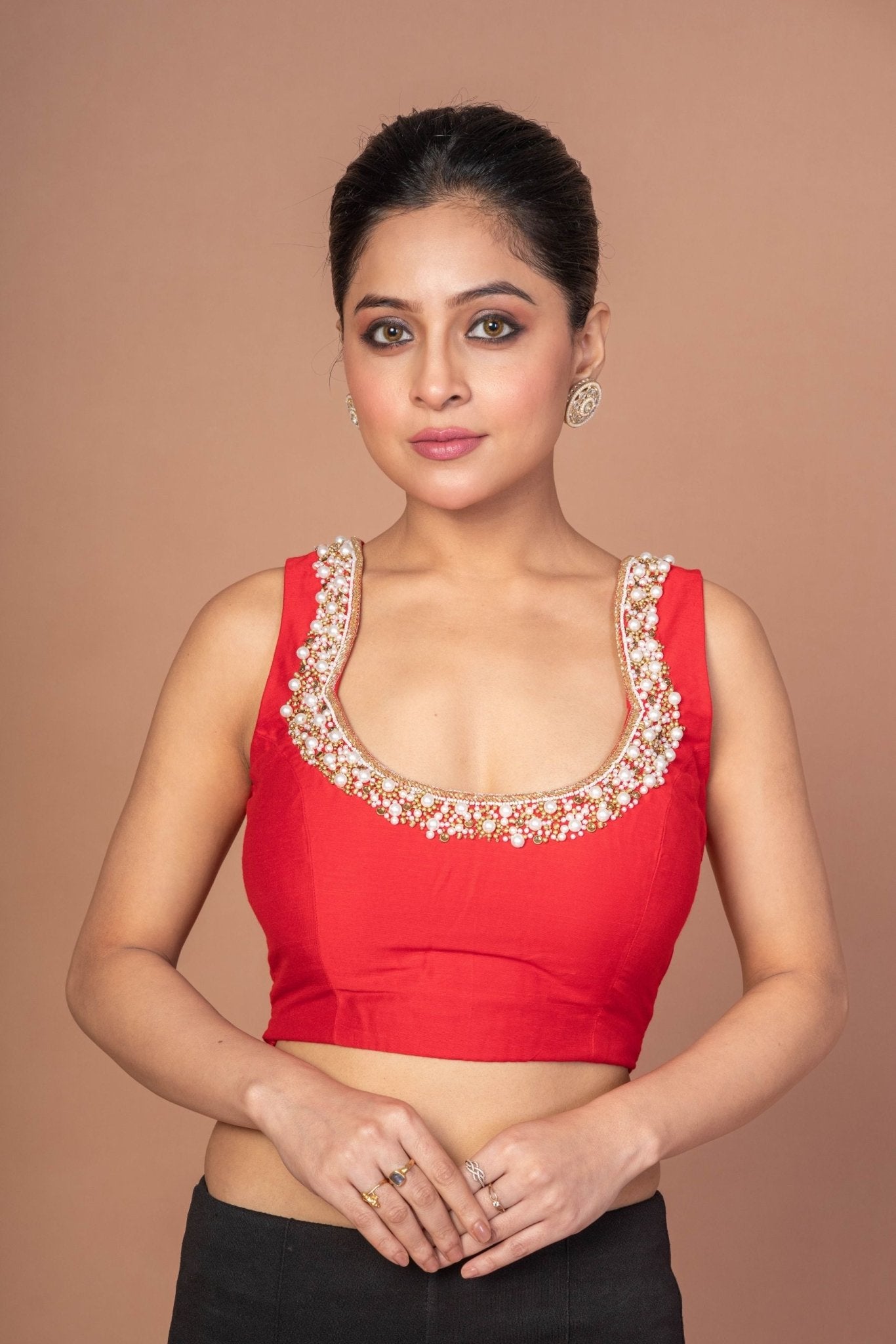 Red Raw Silk Blouse With Pearl Embroidered Work With Matka Neckline - Anvi Couture
