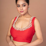 Red Raw Silk Blouse With Pearl Embroidered Work With Matka Neckline - Anvi Couture