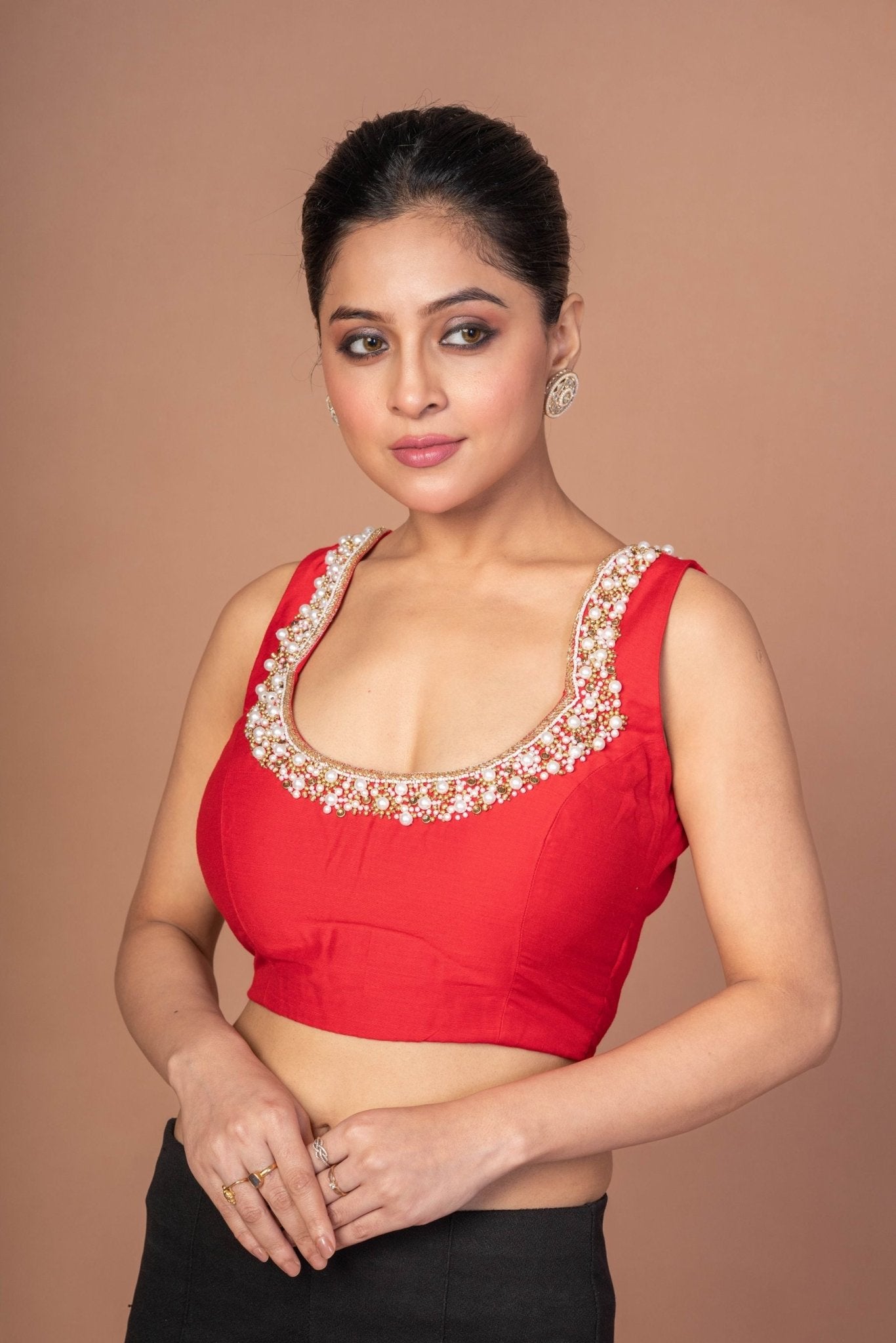 Red Raw Silk Blouse With Pearl Embroidered Work With Matka Neckline - Anvi Couture