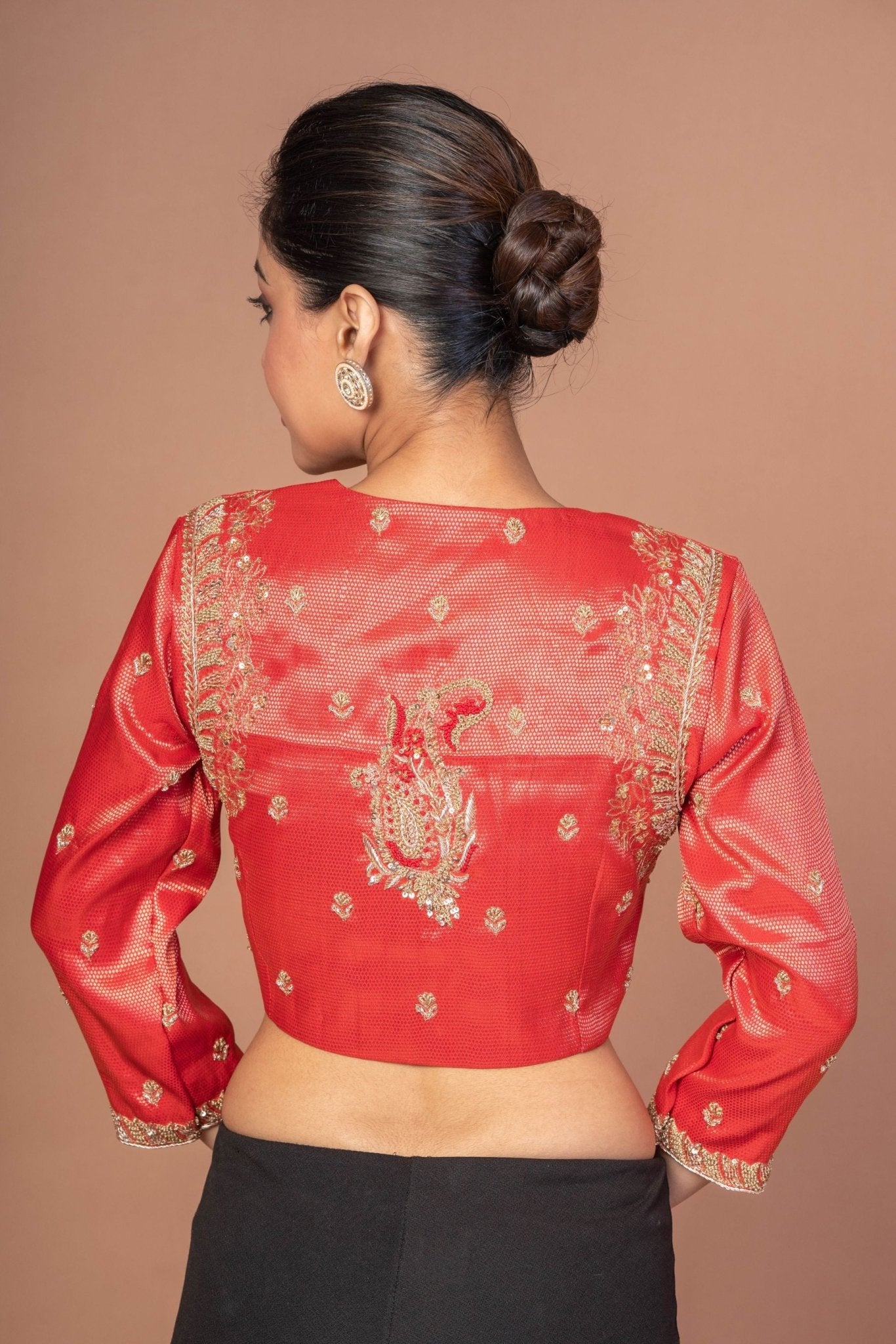Red Tissue Blouse with Hand Embroidered Work - Anvi Couture