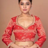 Red Tissue Blouse with Hand Embroidered Work - Anvi Couture