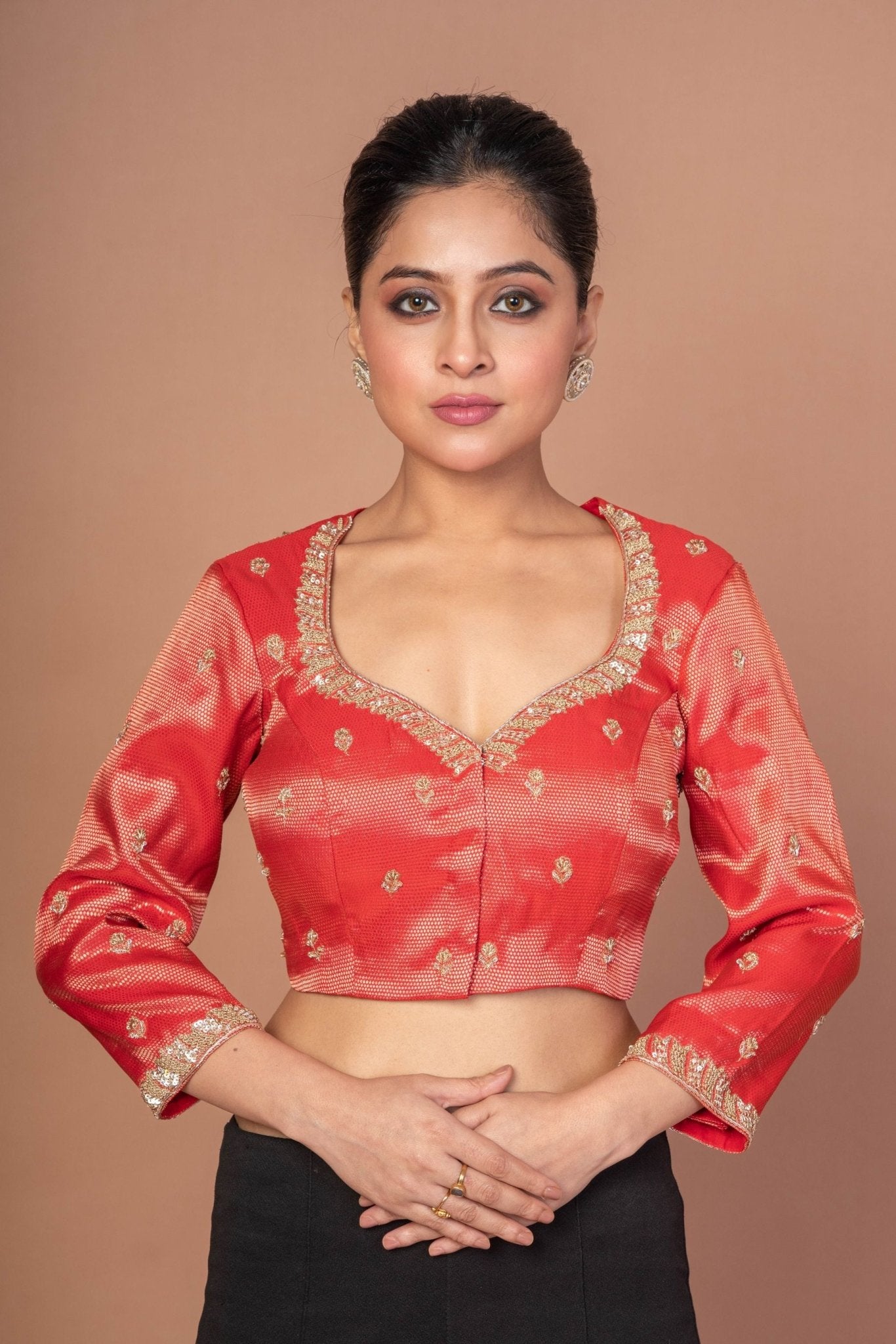 Red Tissue Blouse with Hand Embroidered Work - Anvi Couture
