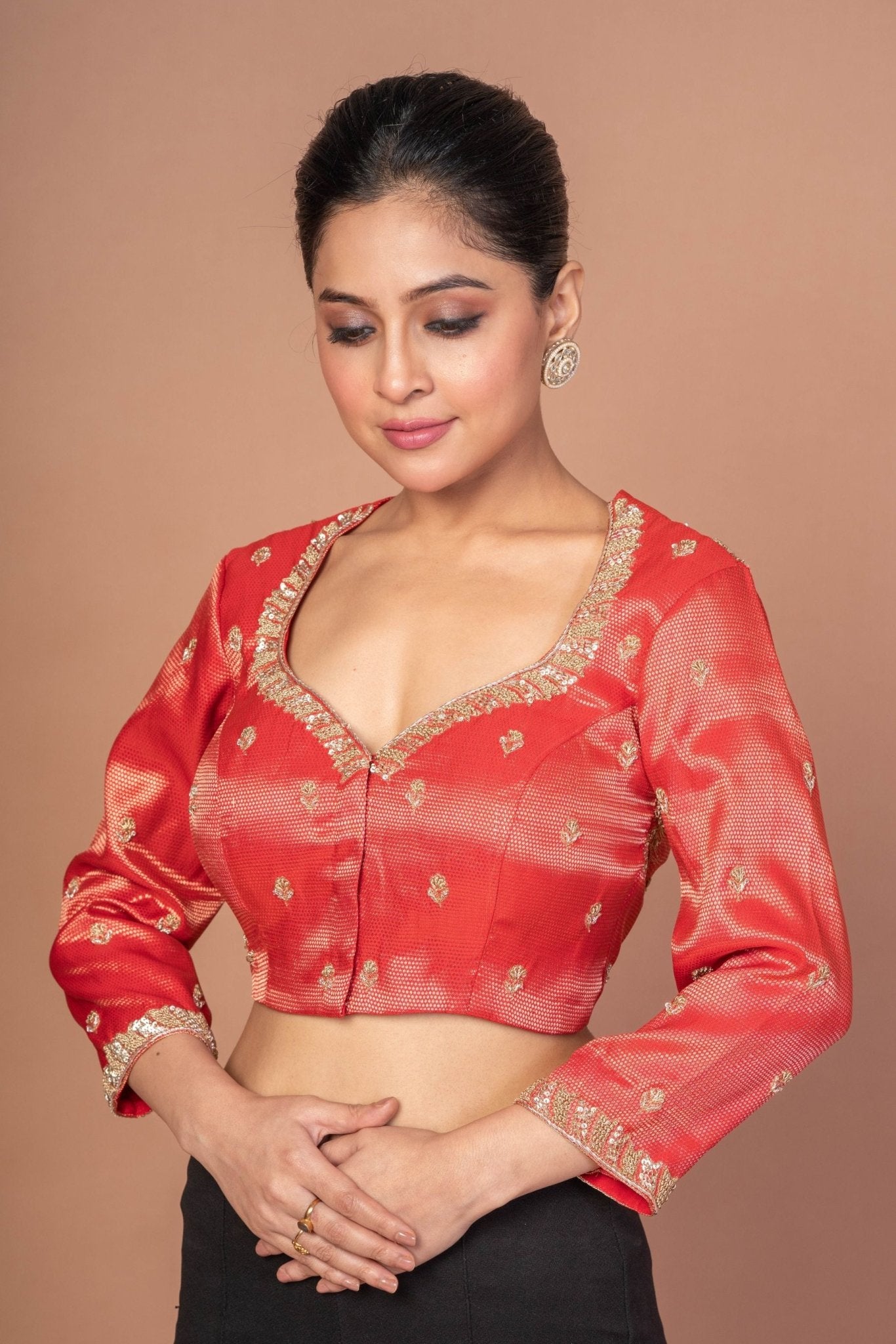 Red Tissue Blouse with Hand Embroidered Work - Anvi Couture